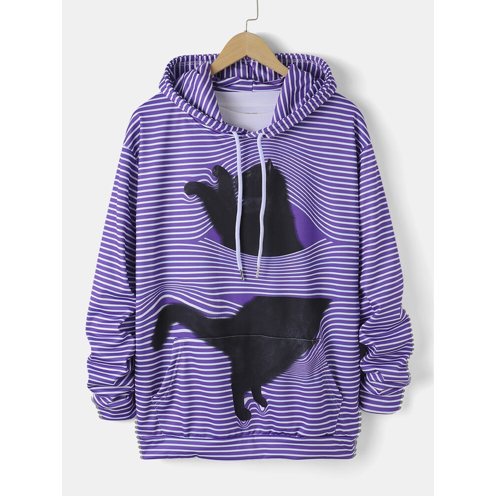 Mens 3D Striped Cat Print Daily Loose Drawstring Pullover Hoodie - Black M