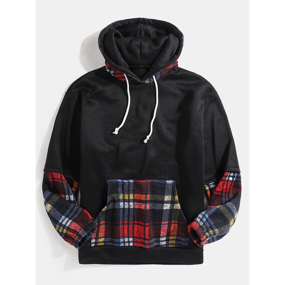 Mens Patchwork Plaid Doctor Sleeve Kangaroo Pocket Drawstring Hoodies - Black 2XL