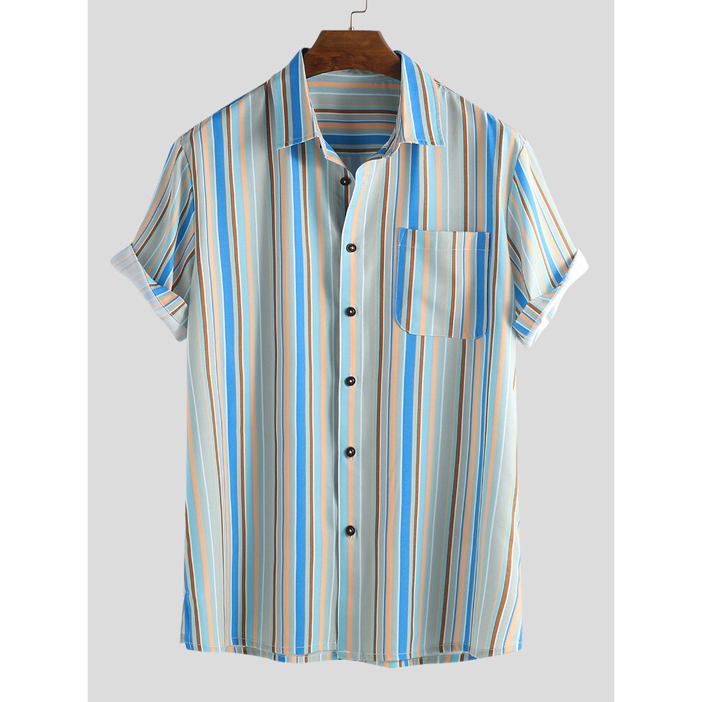 Mens Colorful Stripe Printed Loose Chest Pocket Short Sleeve - 2XL Cyan