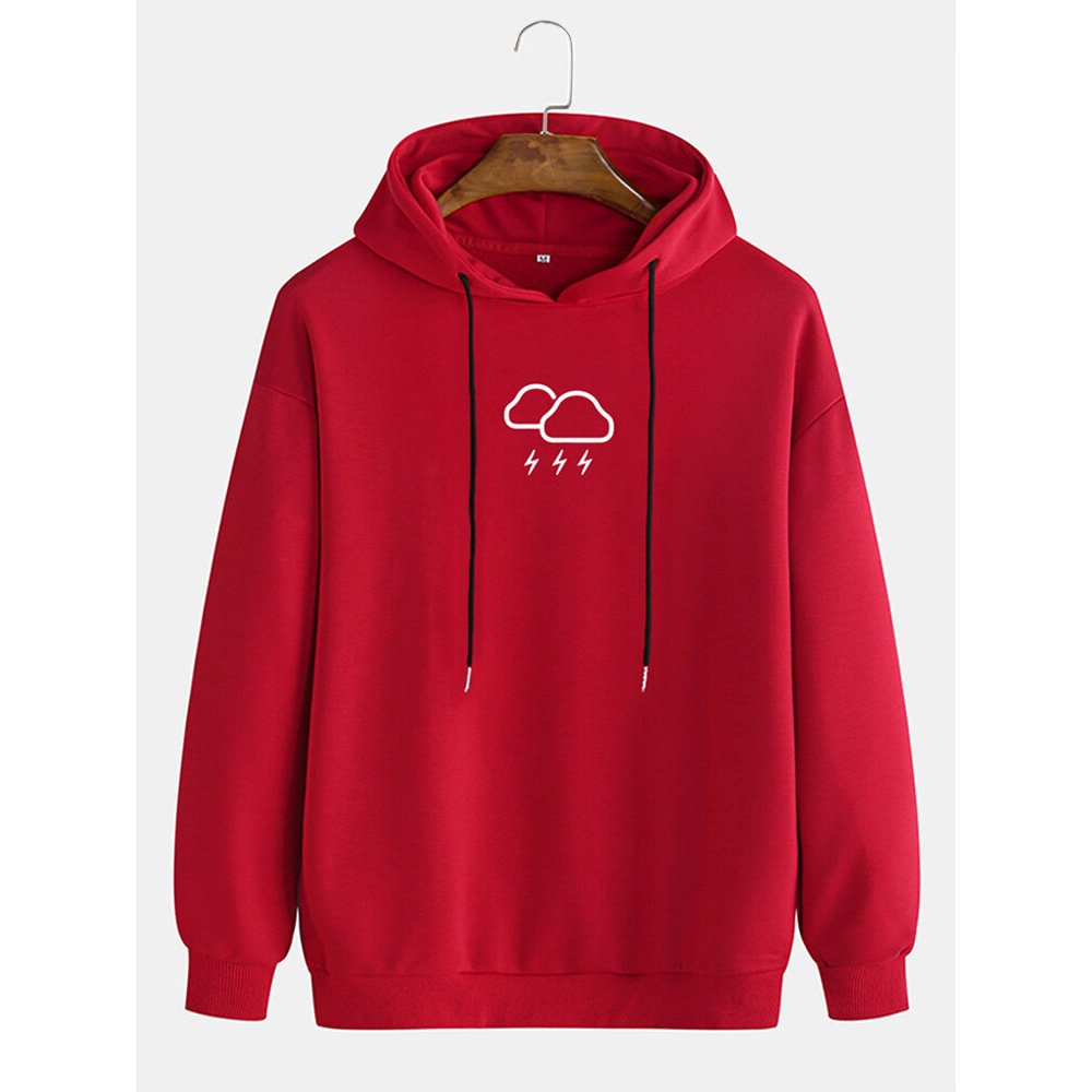 Mens Cotton Rainy Weather Symbol Print Drop Shoulder Casual Long Sleeve Drawstring Hoodies - Black S