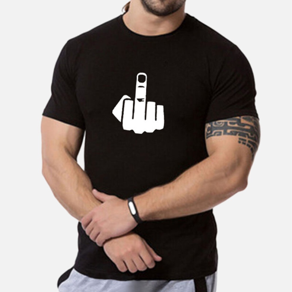 Men Funny Middle Finger Pattern Printed Short Sleeve T-Shirt - XL Black