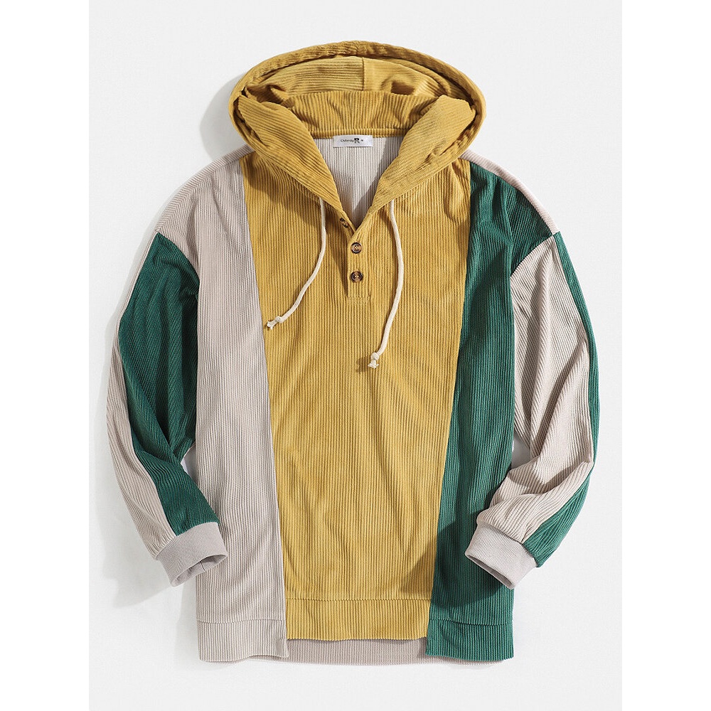 Mens Corduroy Colorblock Patchwork Button Hoodies With Kangaroo Pocket - Yellow S