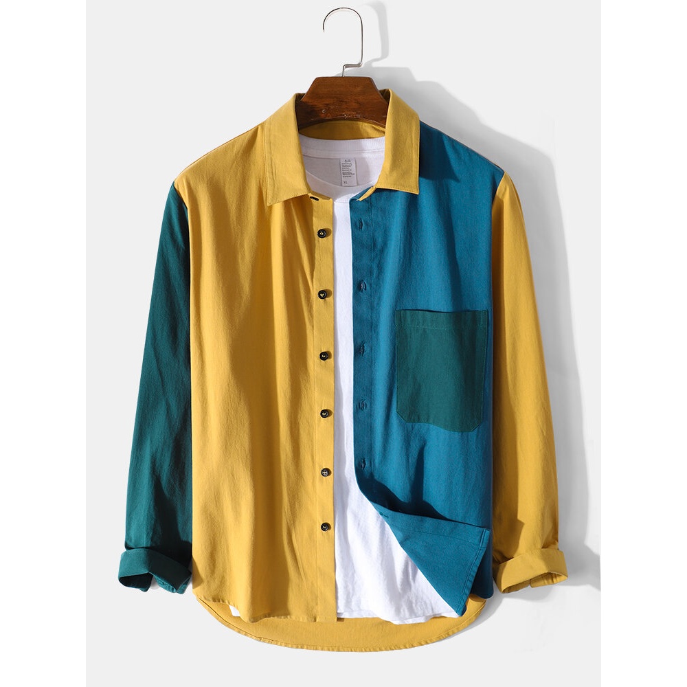 Mens Color Block Patchwork 100% Cotton Lapel Shirt - Yellow S