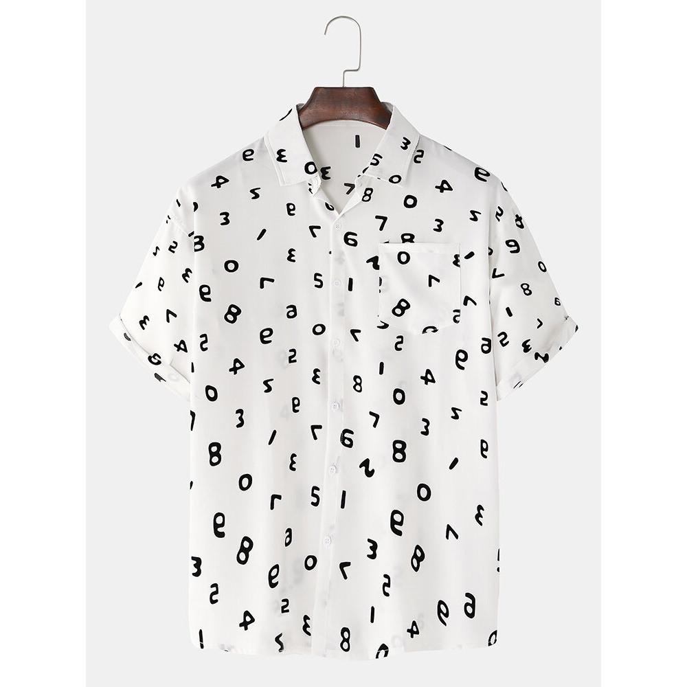 Mens Number Printt Casual Chest Pocket Lapel Collar Short Sleeve Shirts - White S