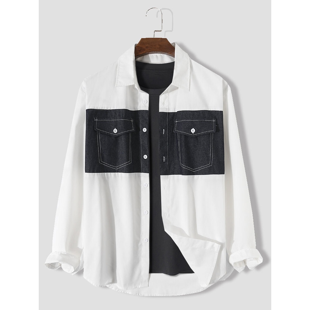Men Denim Colorblock Chest Pocket Long Sleeve Leisure Shirts - Beige S