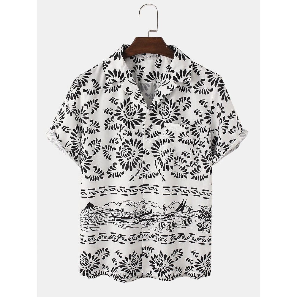 Mens Floral Landscape Print Lapel Designer Short Sleeve Shirts - Off White S