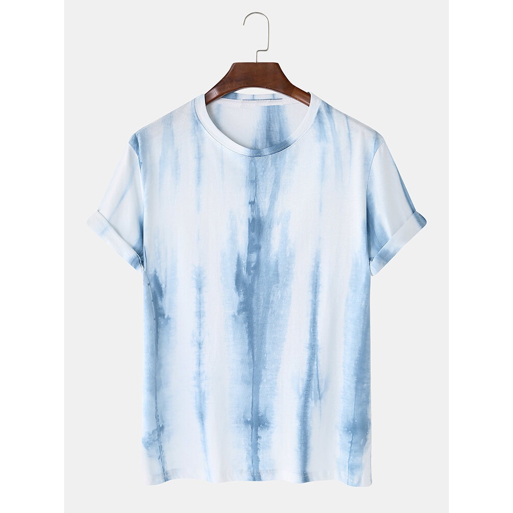 Mens Watercolor Stripes Crew Neck Short Sleeve Casual T-Shirts - Yellow XL