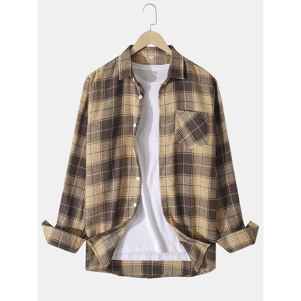 Mens Vintage Plaid Print Button Up Long Sleeve Shirts - Yellow XL