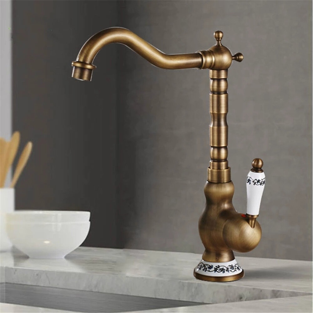 Kitchen Faucet Antique Brass Swivel Single Hole Bathroom Basin Sink Tap Porcelain Handle Rotatable Crane - 1/2 - Image 2