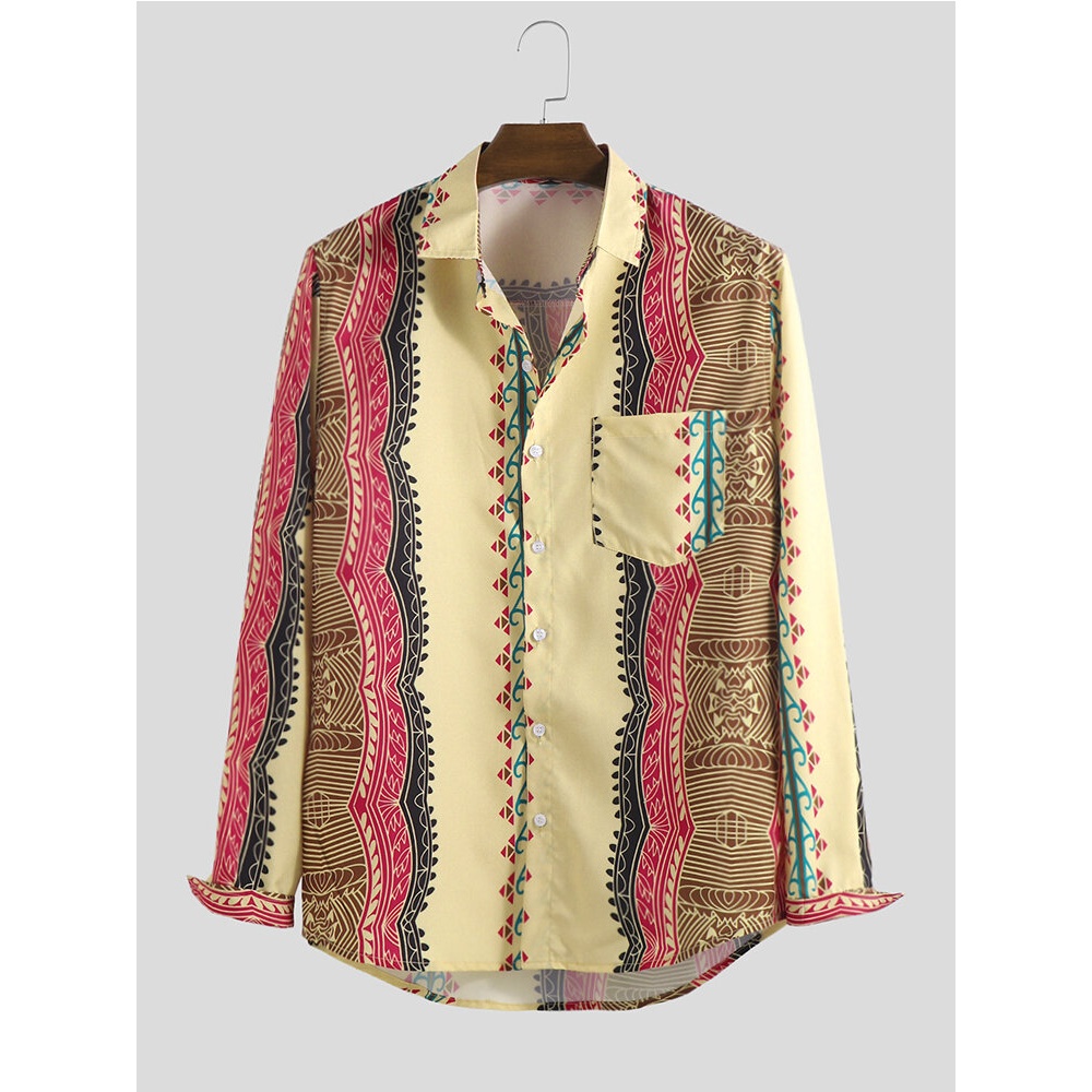 Men Vintage Ethnic Style Printed Spring Long Sleeve Turn Down Collar Shirts - M Red