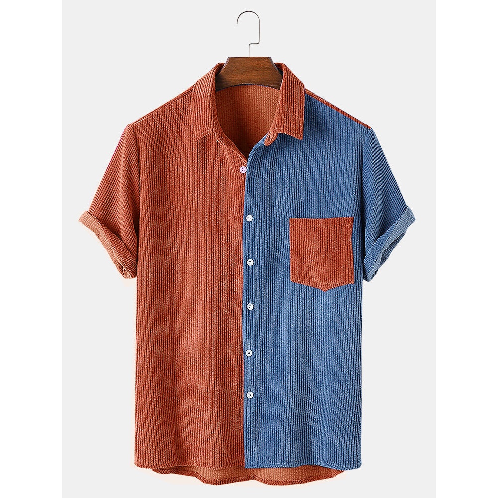 Mens Corduroy Patchwork Pocket Loose Soft Breathable Casual Shirts - Orange S