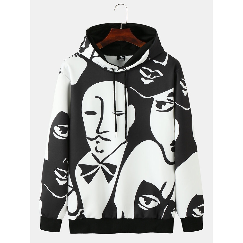 Men Face Full Pattern Drawstring Contrast Color Hooded Sweatshirt - Black L