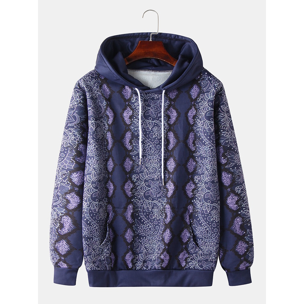 Mens Snake-Skin Pattern Floral Print Ethnic Style Hoodies With Pocket - Purple 2XL