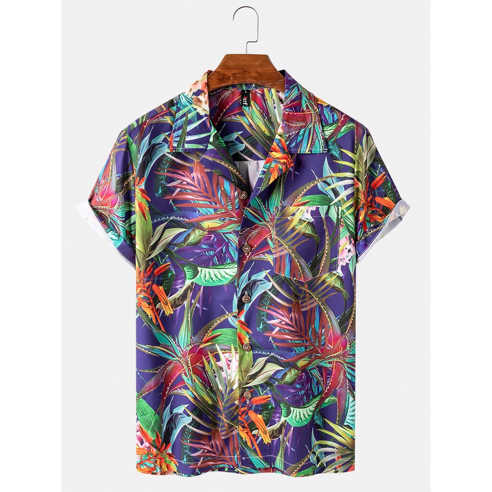 Mens Various Plants Print Chest Pocket Casual Short Sleeve Shirts With Pocket - Purple S