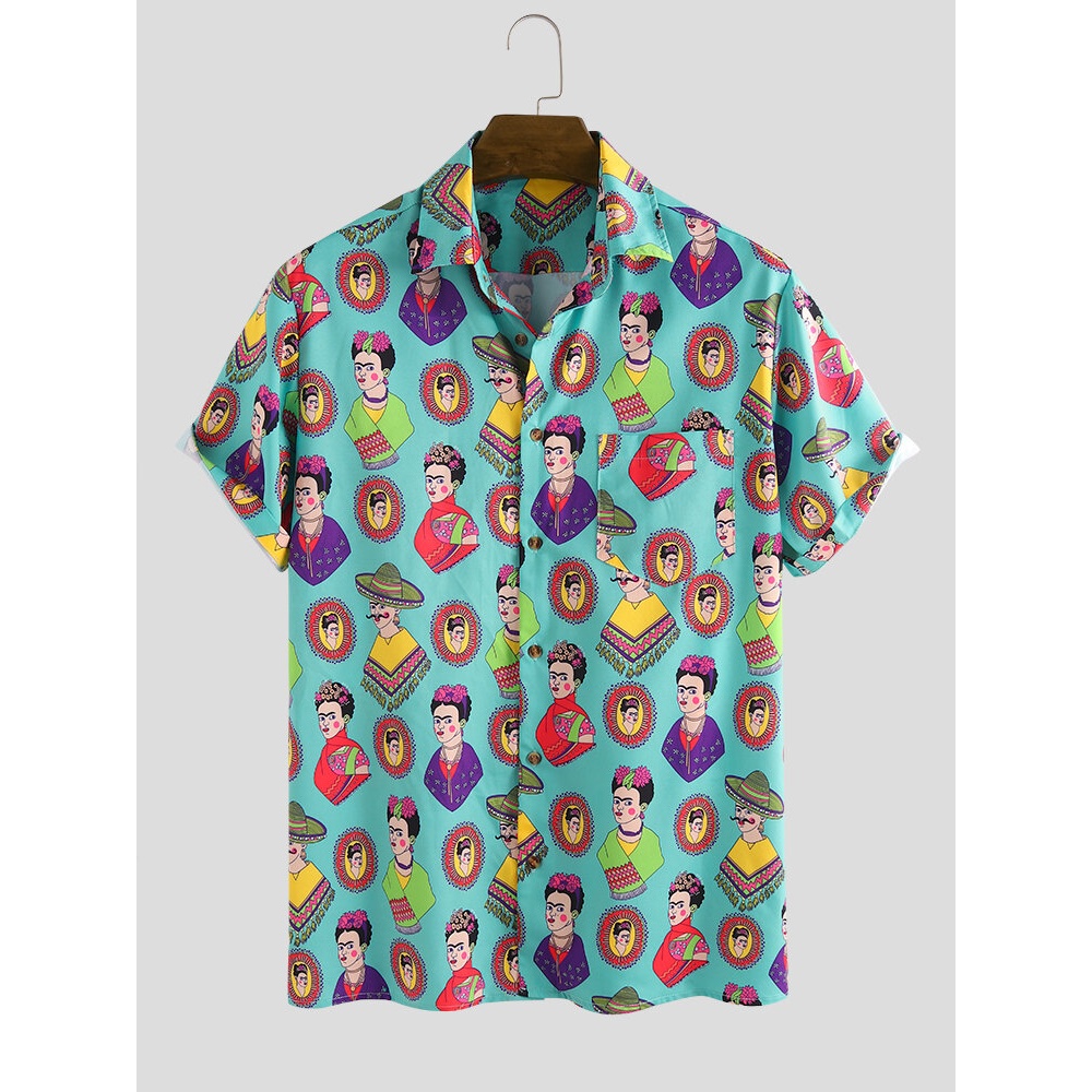 Mens Casual Character Printing Short Sleeve Summer Shirts - 2XL Green