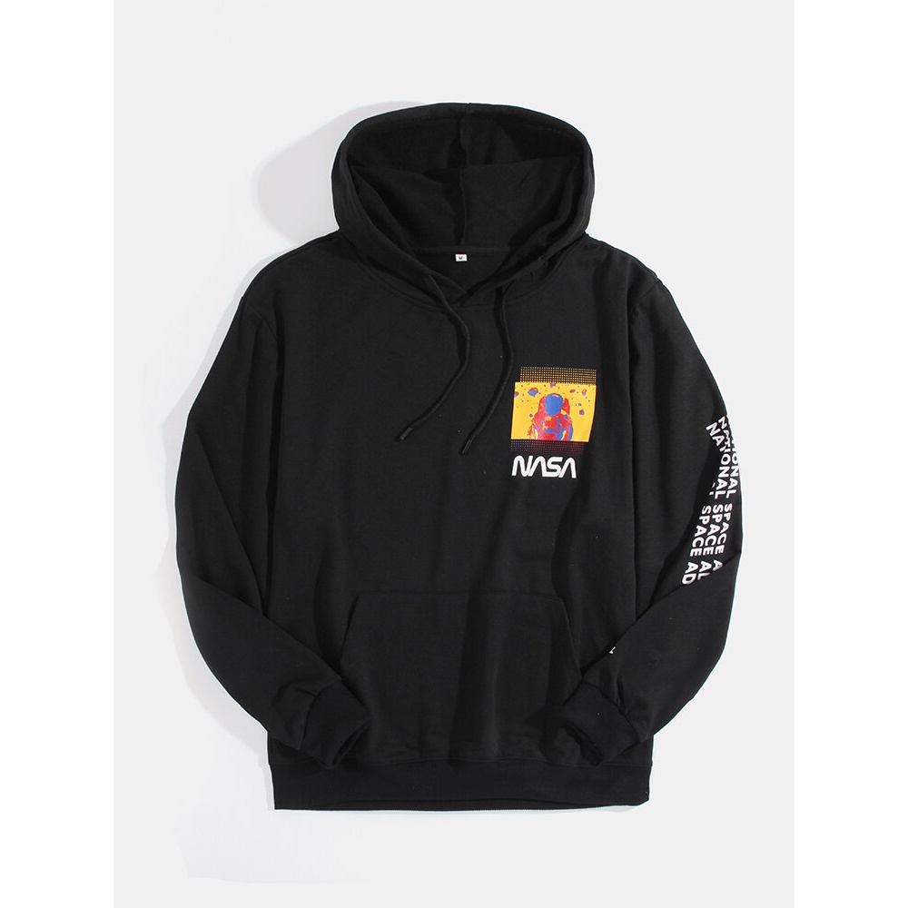 Mens Astronaut Print Black Kangaroo Pocket Long Sleeve Hoodies - XL Black
