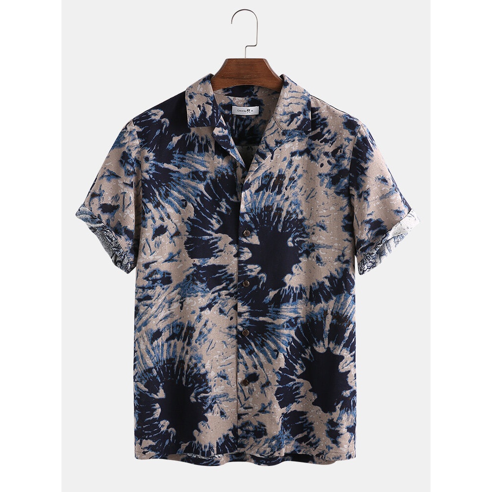 Men 100% Cotton Tie-Dye Print Casual Loose Lapel Short Sleeve Shirts - Blue M