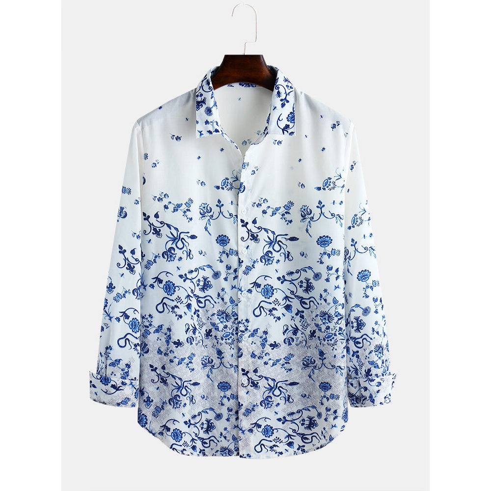 Blue And White Porcelain Floral Print Long Sleeve Casual Shirts - Black M