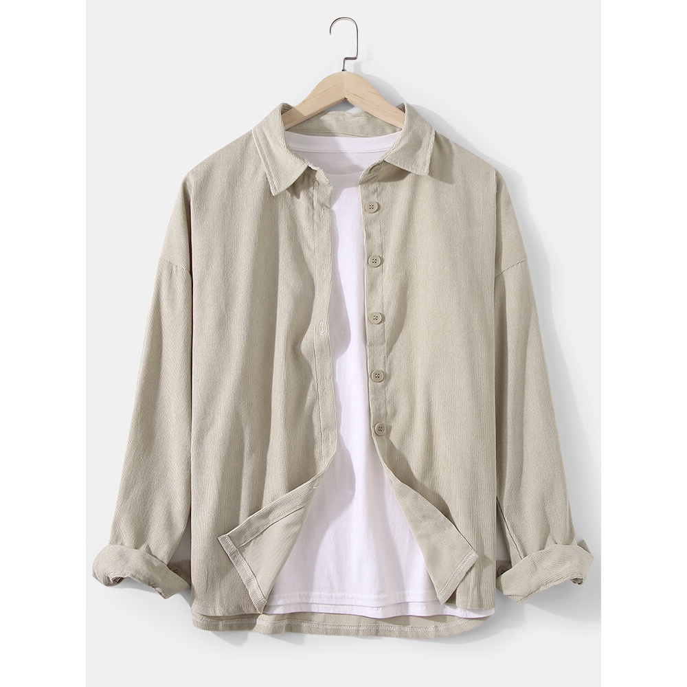 Mens Corduroy Plain Solid Color Lapel Collar Casual Loose Long Sleeve Shirts - Grey XL