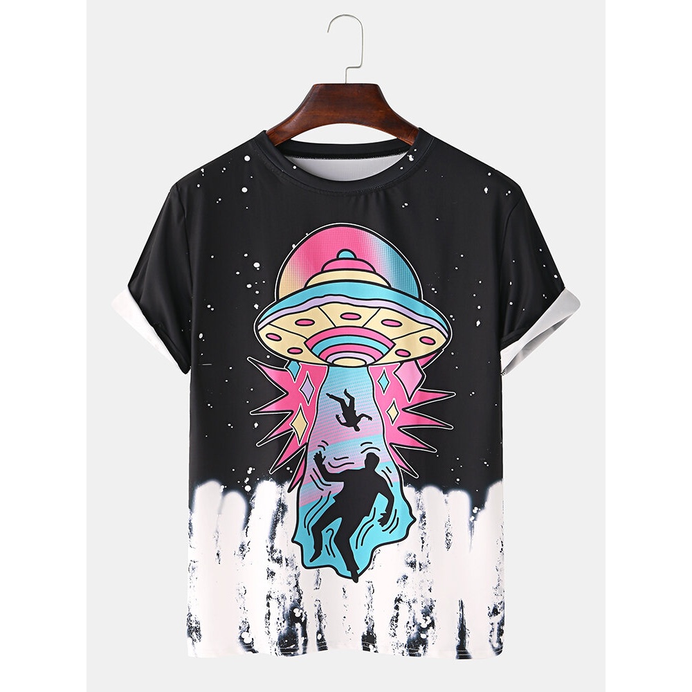 Mens Funny Cartoon UFO Print Breathable Short Sleeve T-Shirts - Black M