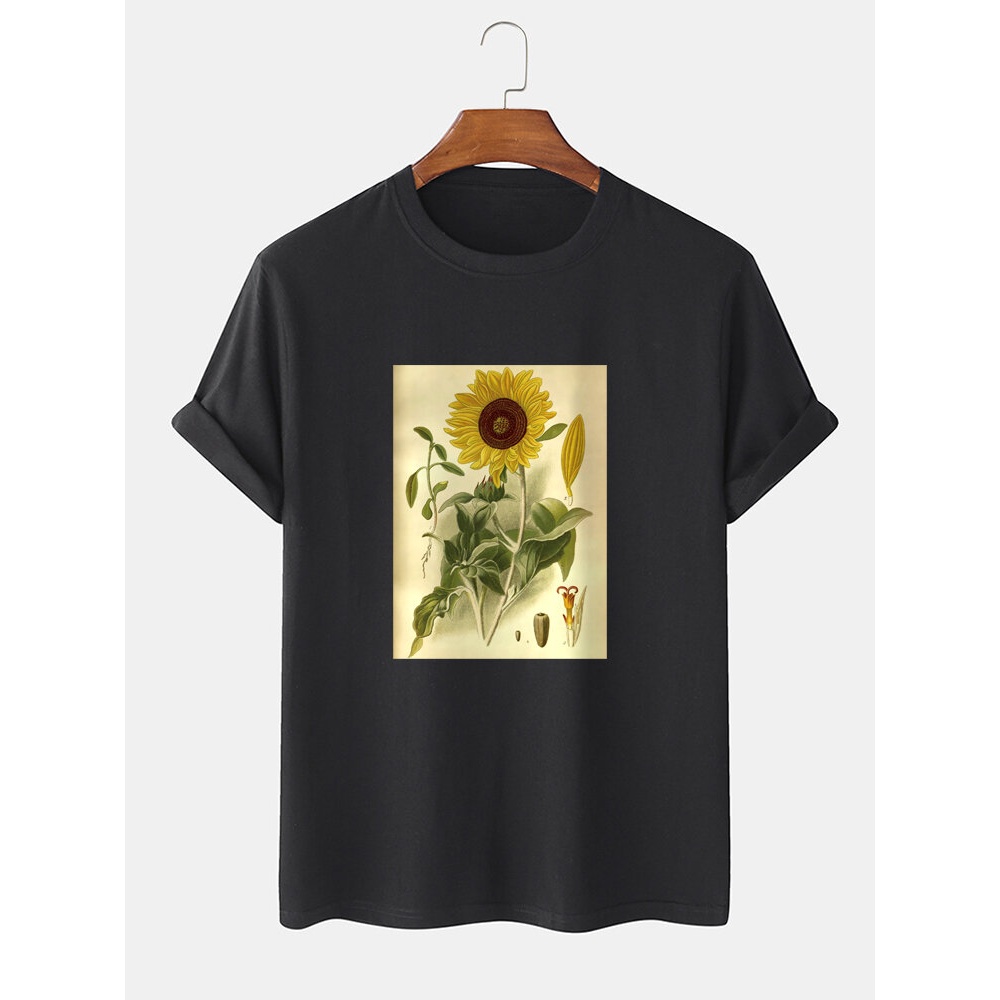 Mens 100% Cotton Plant Floral Print Short Sleeve T-Shirts - Black M