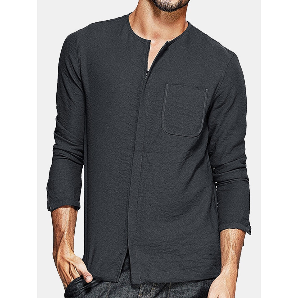 Charmkpr Mens Zipper Solid Color O Neck Pocket Casual Shirts - 2XL Dark Grey