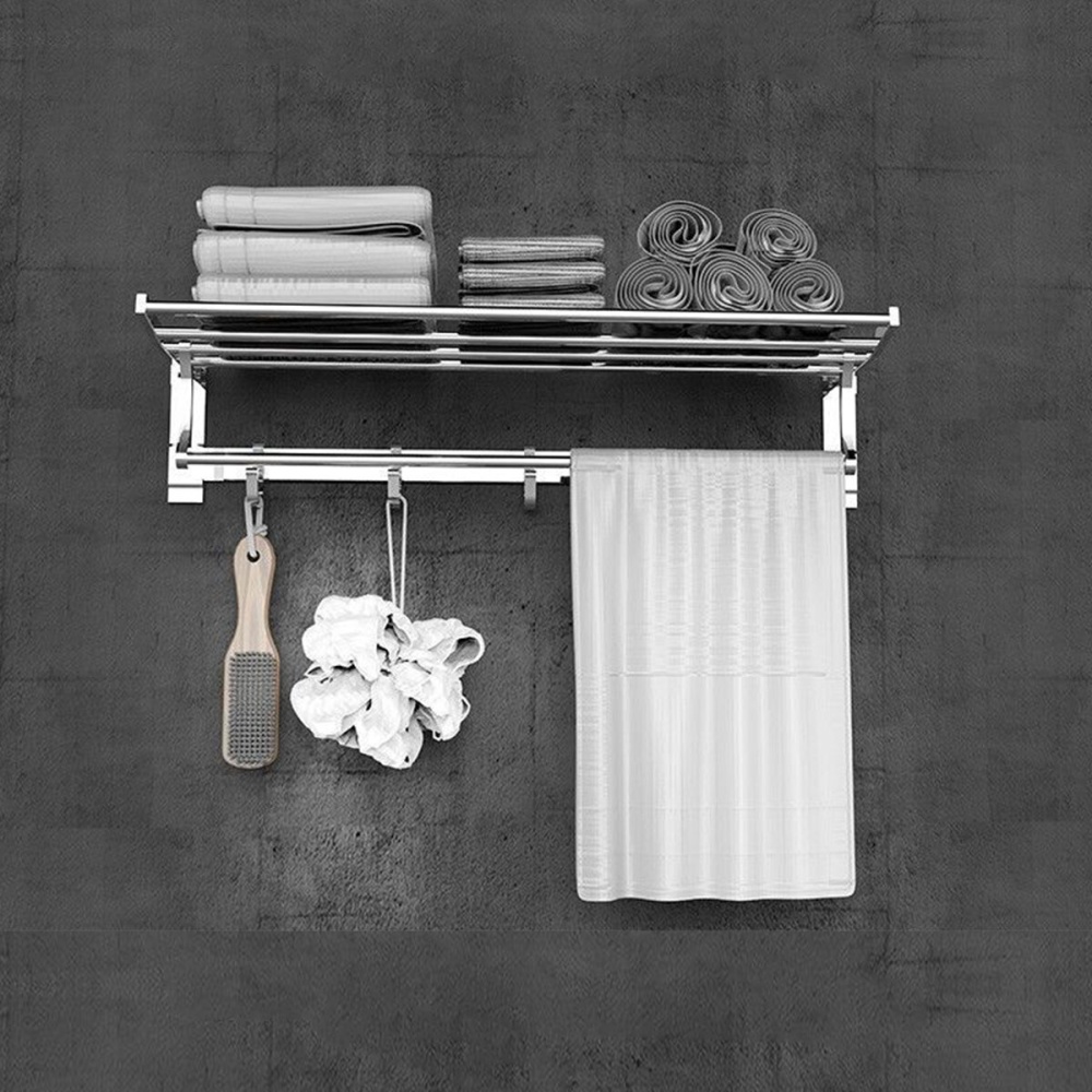 Foldable Towel Rack 60CM Bath Supplies for Bathroom-Black/Silver - Black - Image 2