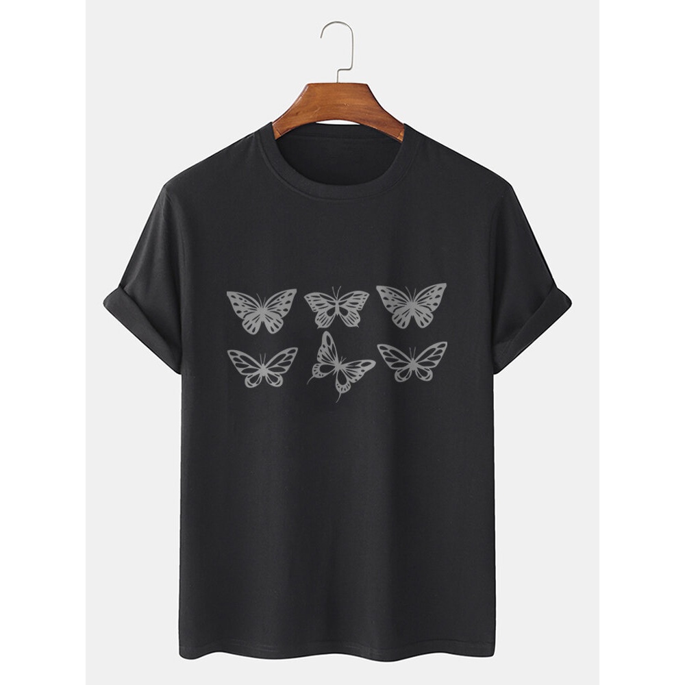 Mens 100% Cotton Butterfly Graphics Crew Neck Short Sleeve T-Shirts - Black XL