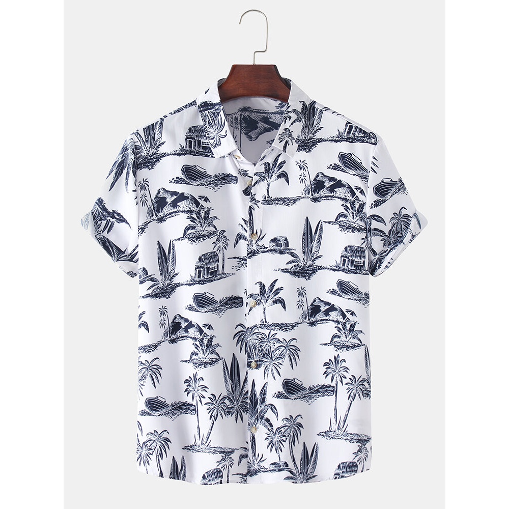 Mens Tropical Style Hawaii Beach Landscape Casual Short Sleeve Shirts - White XL