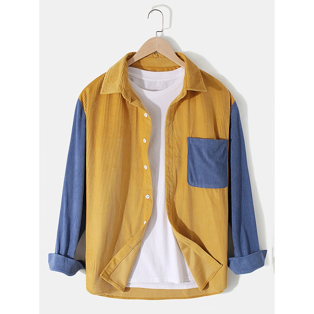 Mens Corduroy Contrast Color Lapel Long Sleeve Shirts With Pocket - Pink L