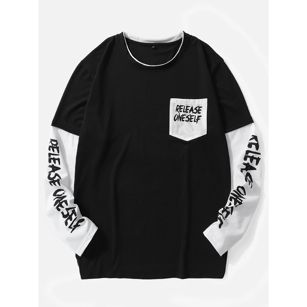 Mens O-Neck Letter Pocket in Front Splicing T-shirt - Black S