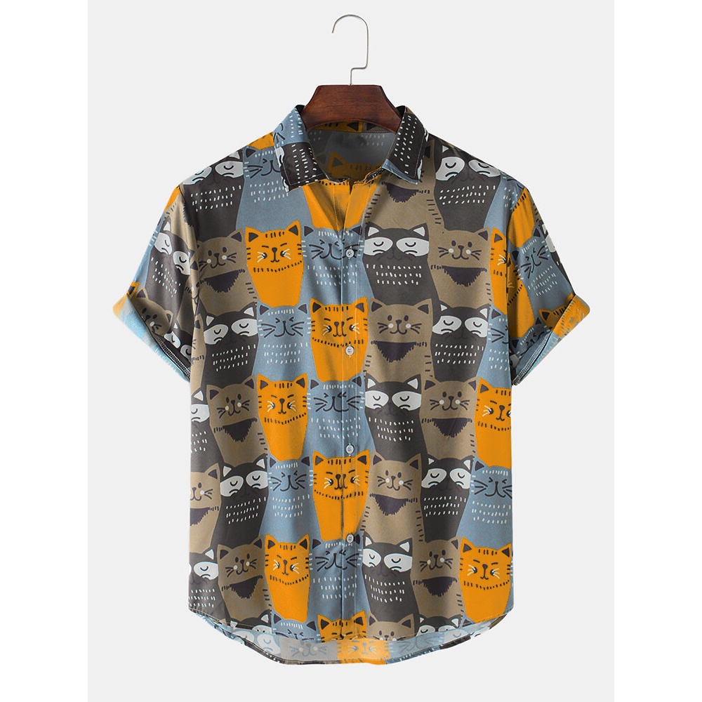 Mens Cartoon Cat Print Turn Down Collar Short Sleeve Shirts - Coffee L
