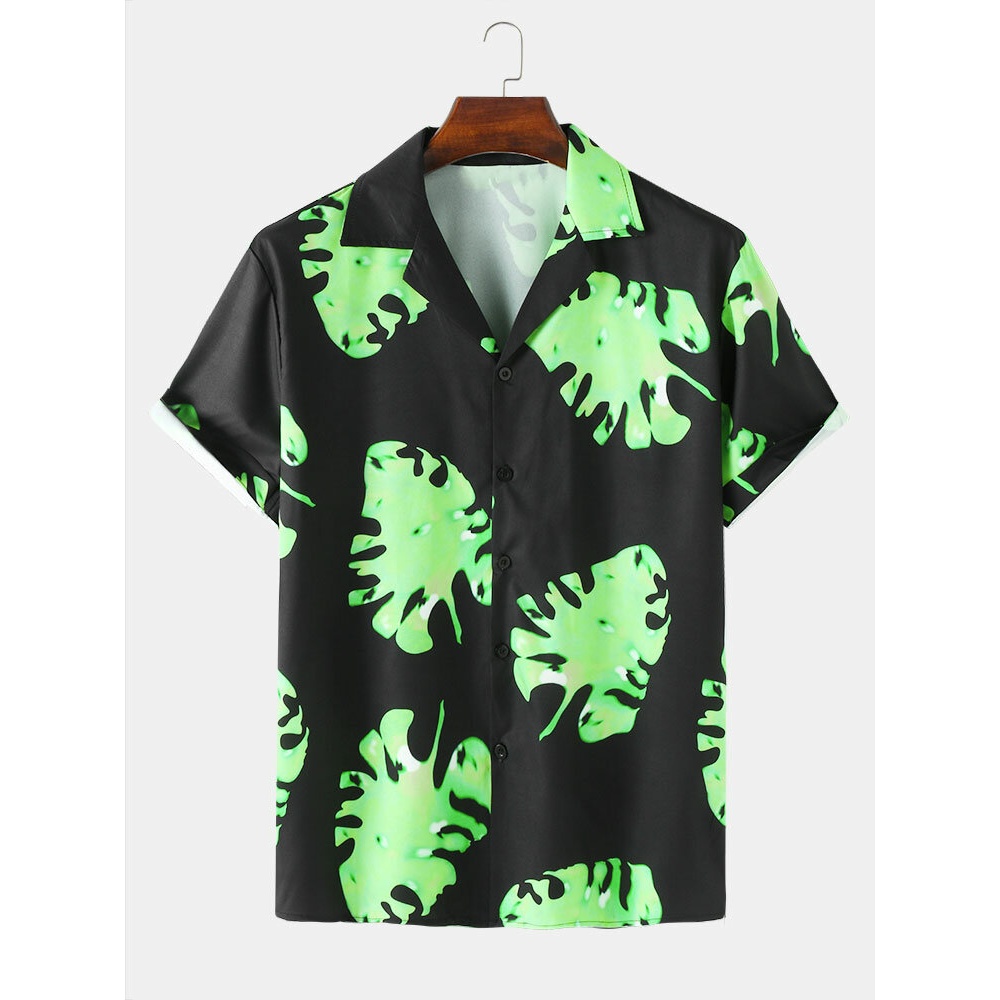 Mens Casual Leaf Pattern Camp Collar Shirts - Black M