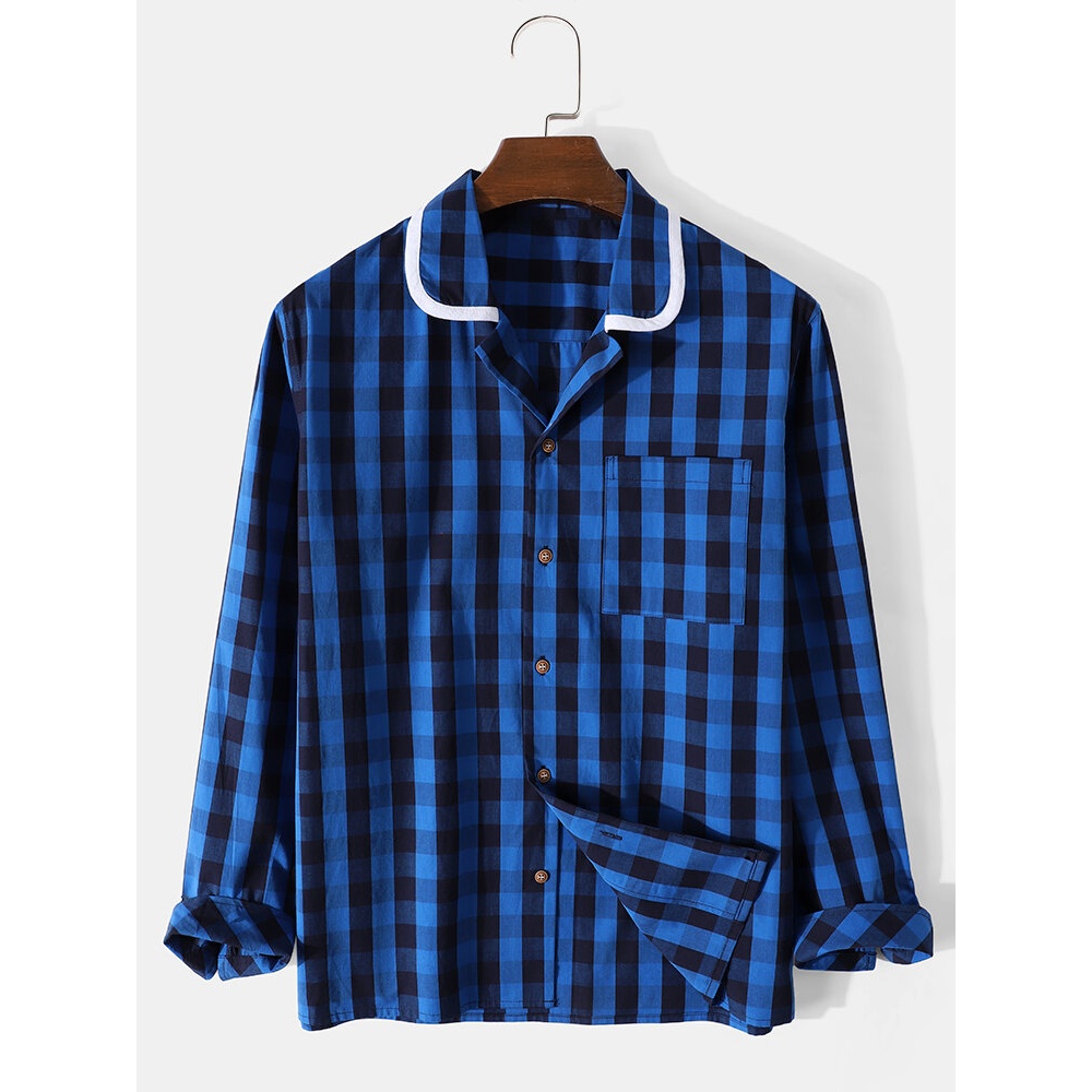 Mens Plaid Contrast Collar 100% Cotton Long Sleeve Shirts - Yellow S