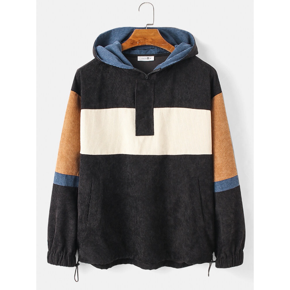 Mens Patchwork Corduroy Drop Shoulder Casual Hoodies With Pocket - Black S