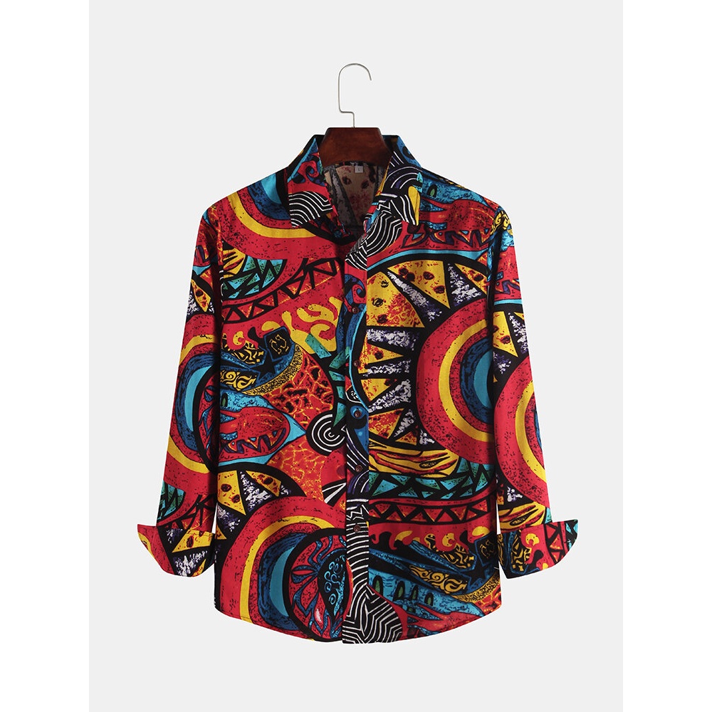 Mens Autumn Floral Printed Long Sleeve Causal Shirts - S Red