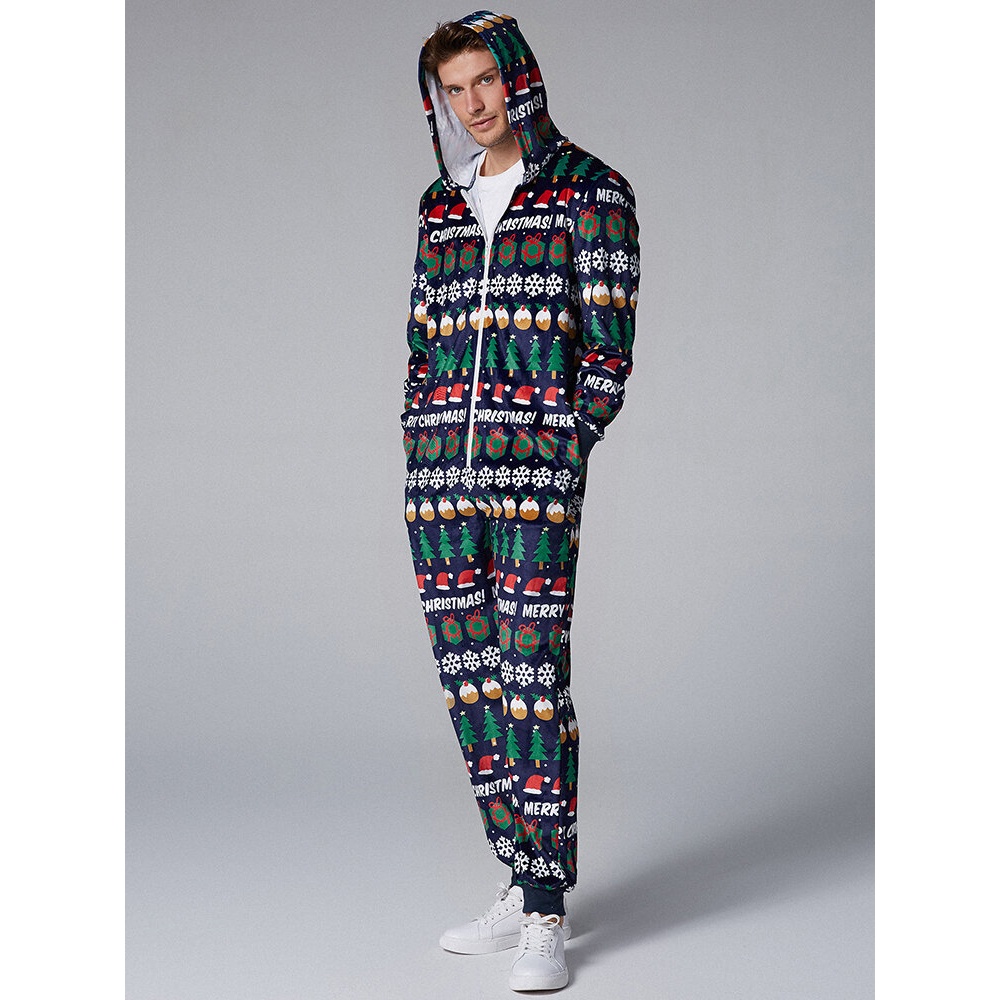 Mens  Pattern Onesies Hooded Pajamas Set - 3XL Blue