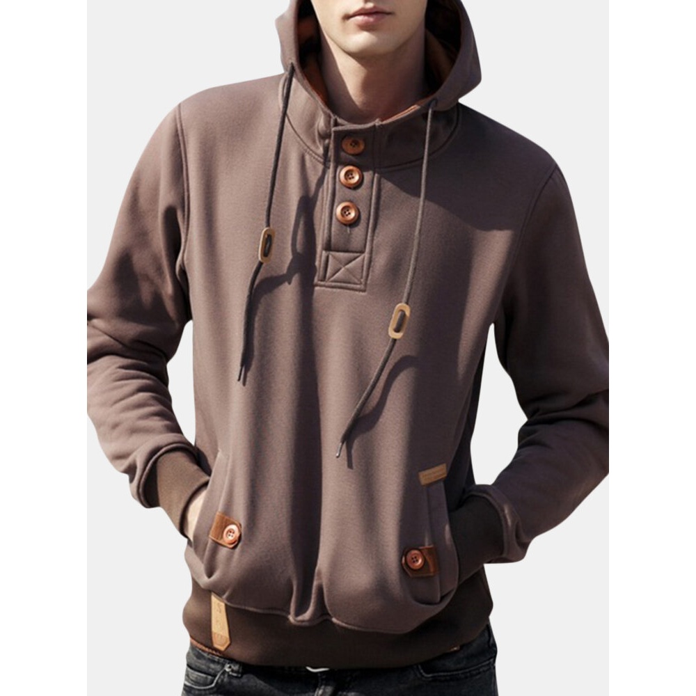 Men's Vintage 100% Cotton Buttons Design Casual Hoodies - Black S