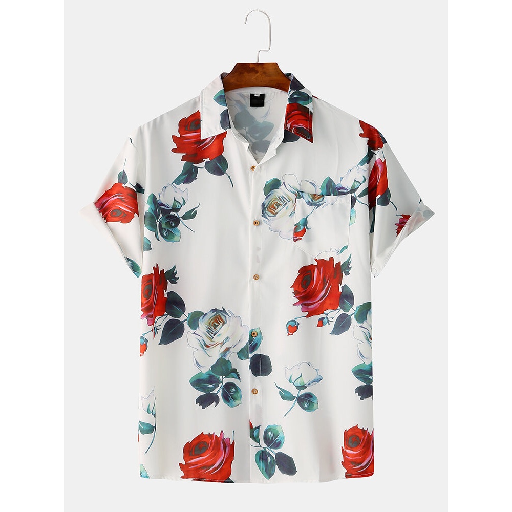 Mens Fashion Rose Printing Breathable Shirts - L Black