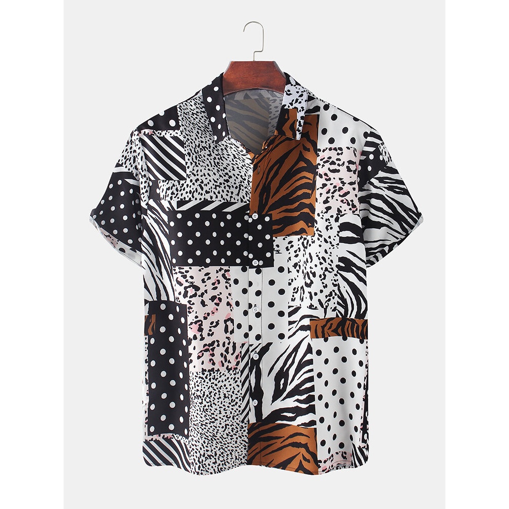 Men Zebra Leopard Dot Mixed Print Short Sleeve Patchwork Holiday Shirts - White M