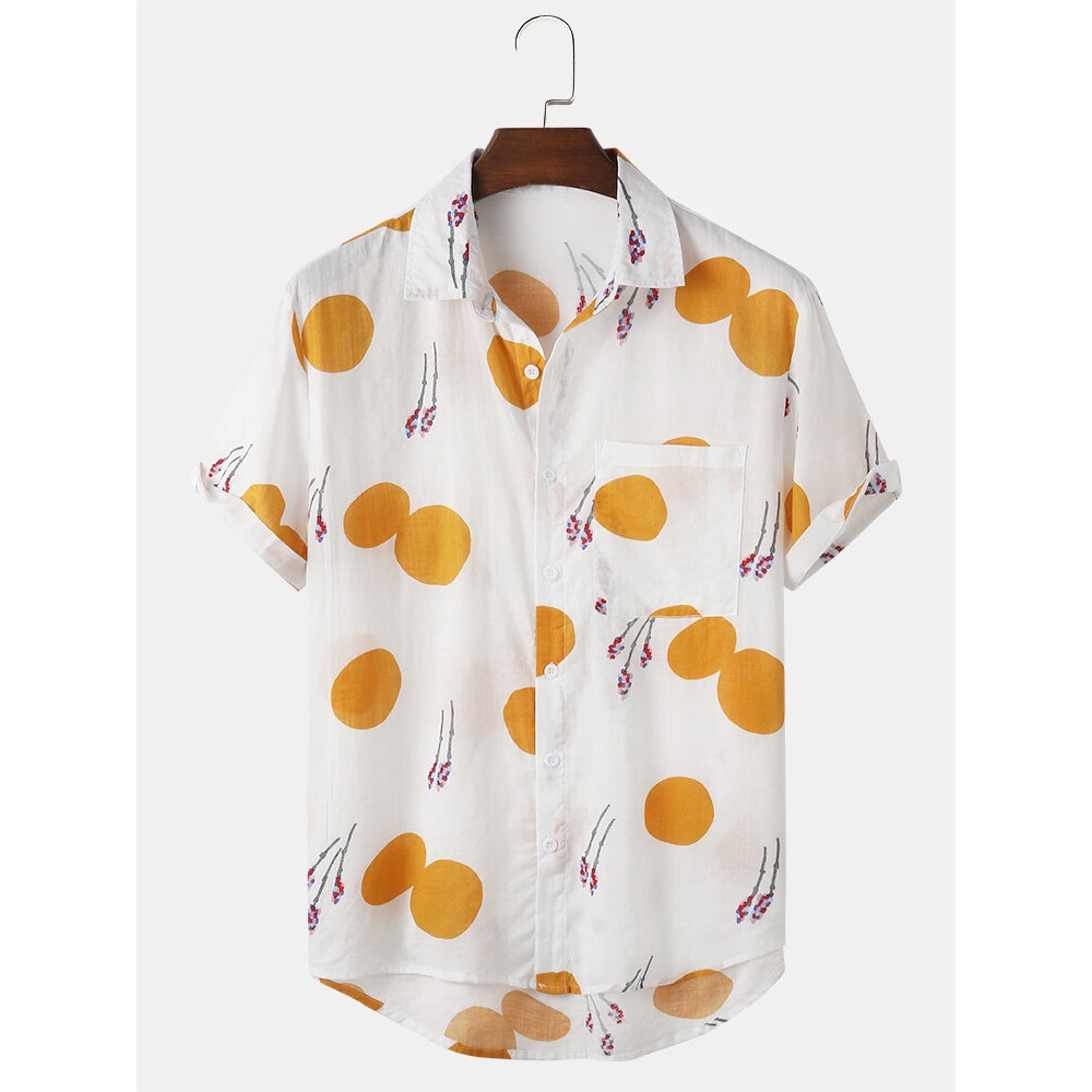Mens 100% Cotton Flower Pattern Causal Shirts - Yellow M