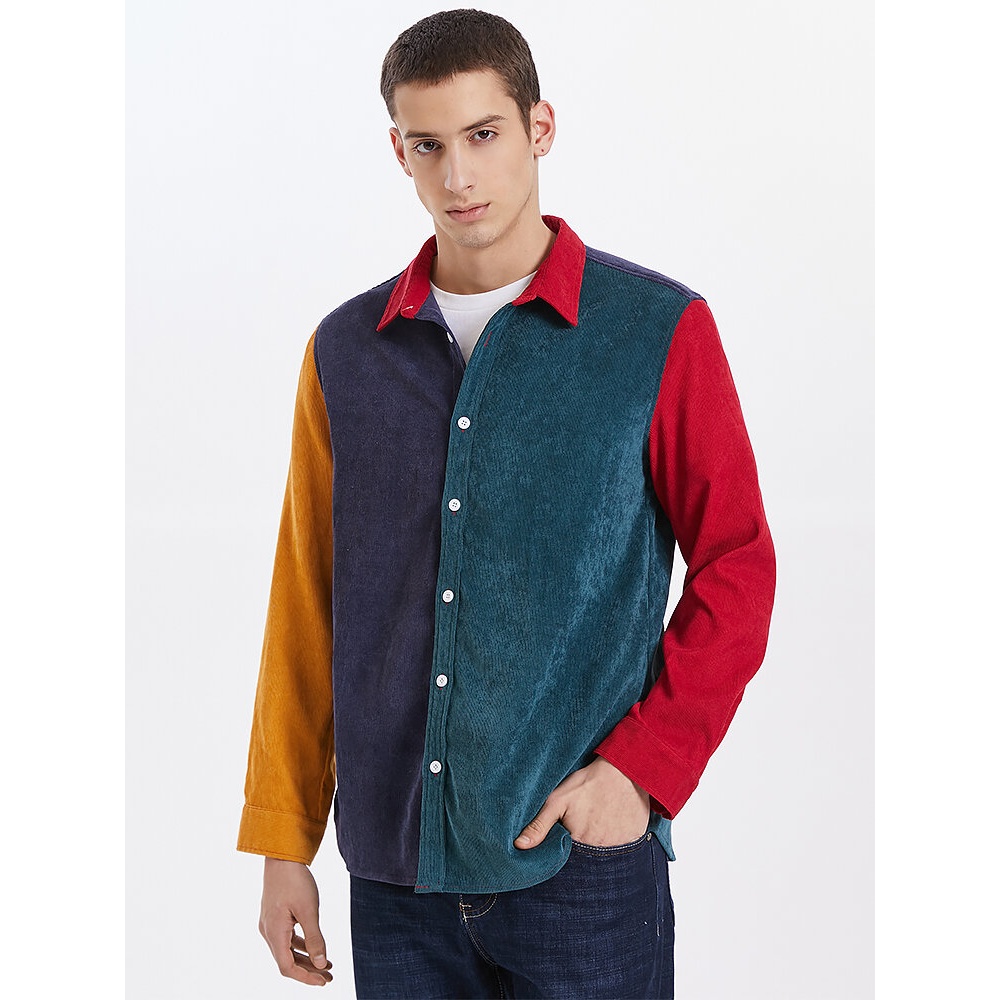 Mens Corduroy Multi Color Patchwork Lapel Casual Long Sleeve Shirts - Red S