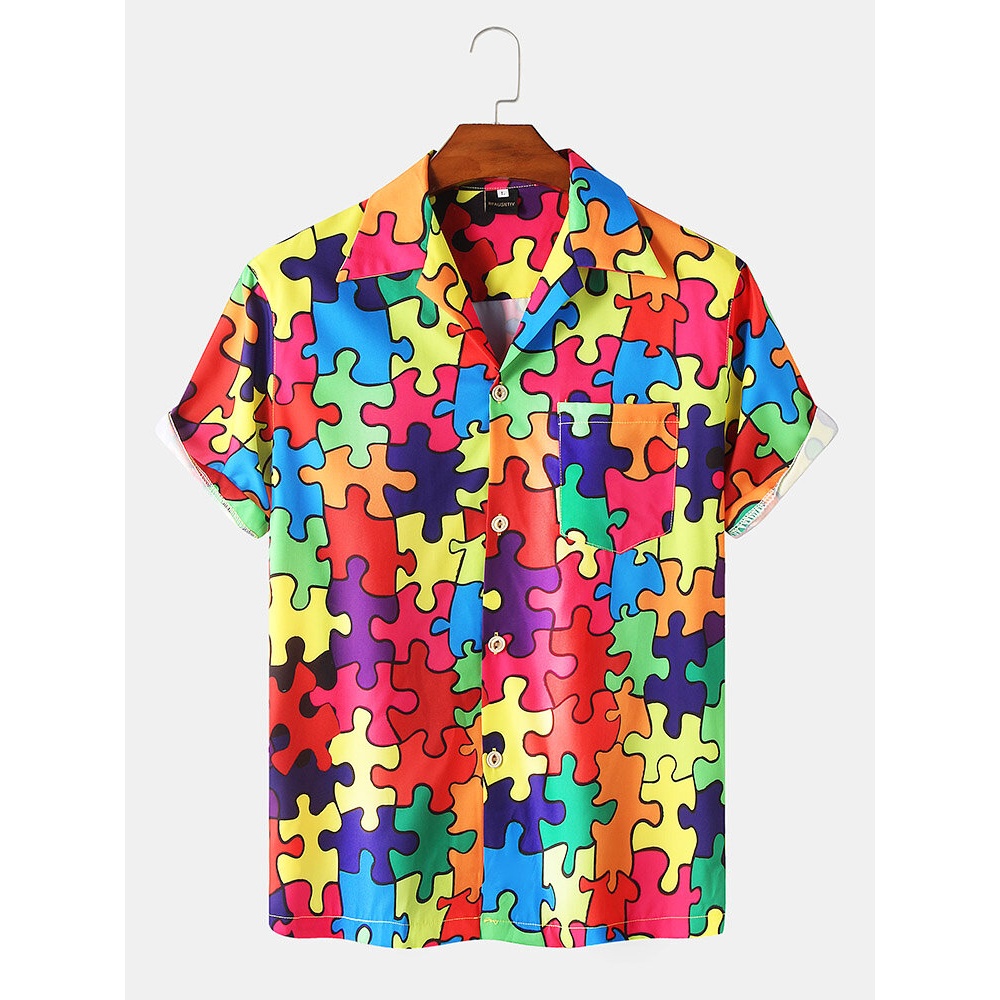 Mens Colorful Jigsaw Print Revere Street Short Sleeve Shirts - Colorful S