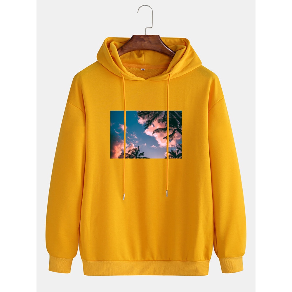 Cotton Mens Landscape Printed Dropped Shoulder Long Sleeve Drawstring Causaul Loose Hoodies - Yellow S