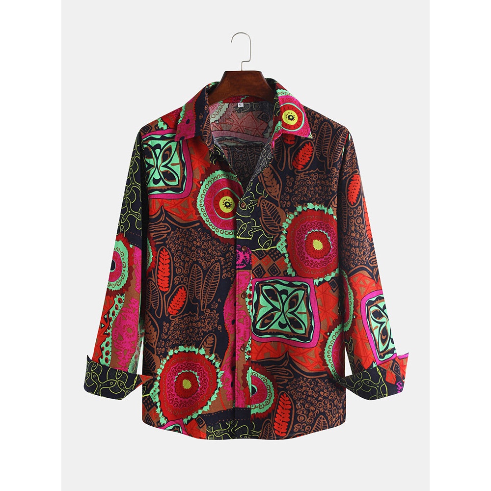 Ethnic Printing Loose Long Sleeve Shirt - S Green