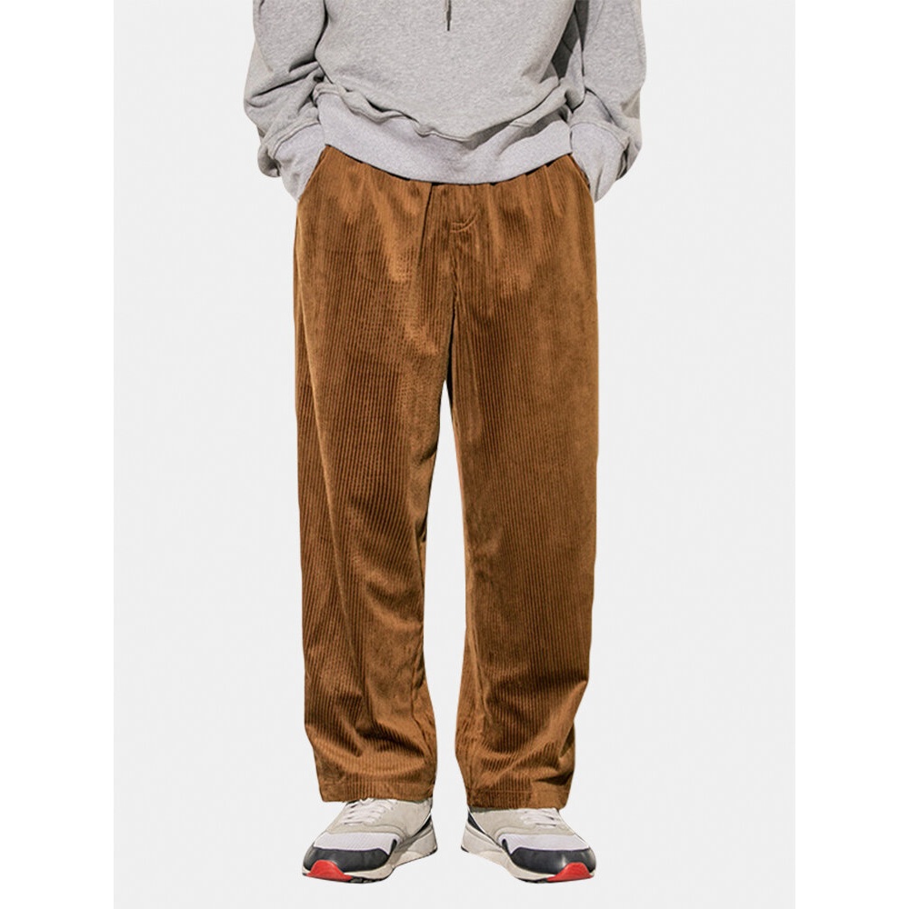 Mens Corduroy Cotton Applique Solid Loose Casual Elastic Waist Pants - Khaki M