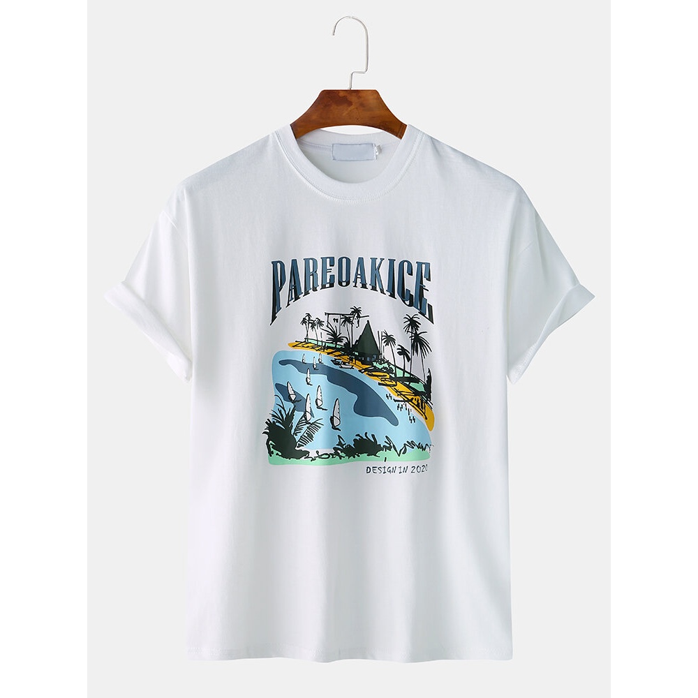Men Casual Retro Printing Short Sleeve T-Shirts - M White