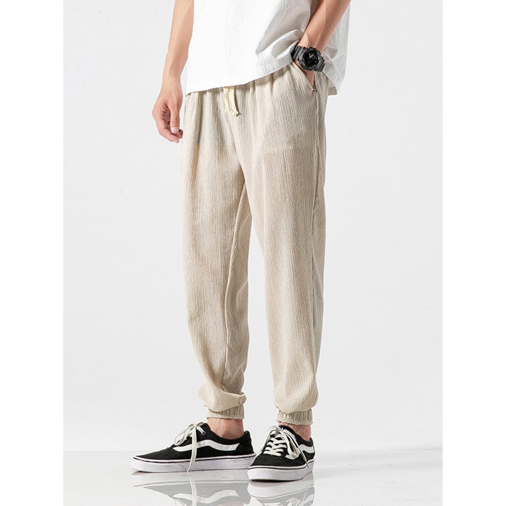 Mens Vintage Cotton Linen Drawstring Solid Color Casual Pants - L Grey