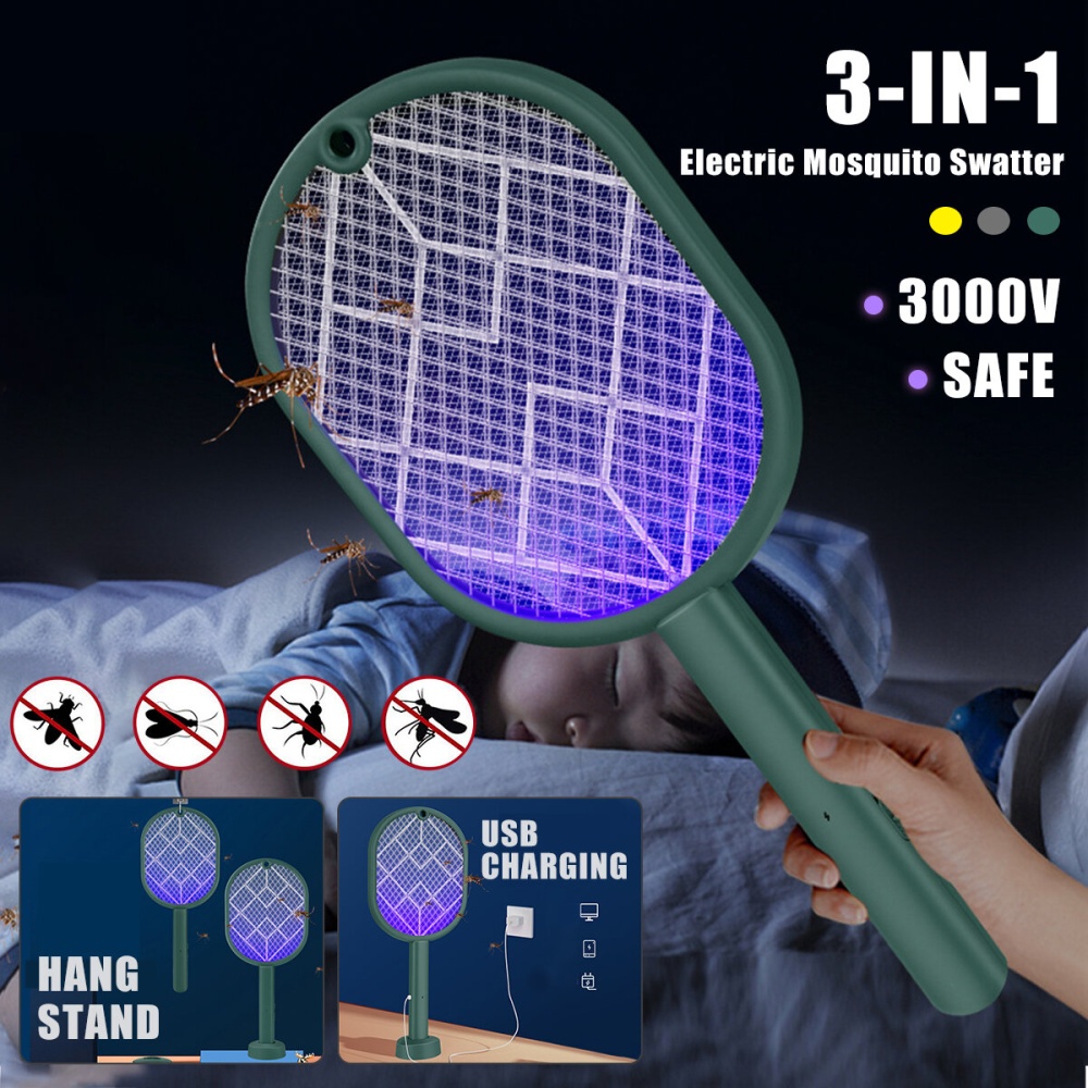 3000V 3 In 1 Electric Insect Swatter Zapper USB Rechargeable Mosquito Swatter - Green - Image 2