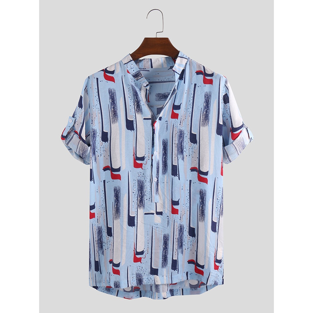 Mens Fashion Colorful Printed Breathable Stand Collar Henley Shirts - 2XL Yellow